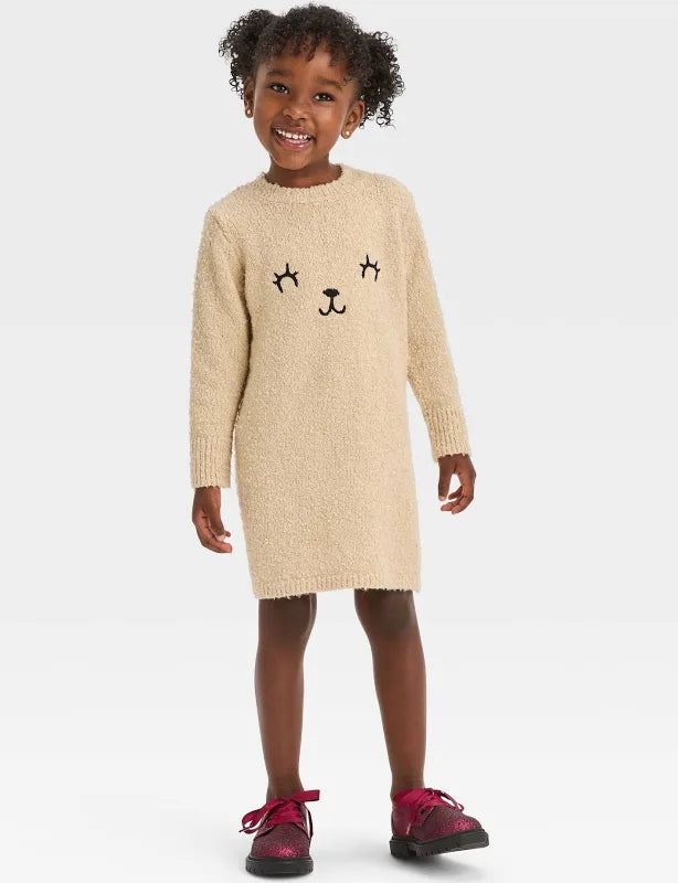 Toddler Girls' Teddy Bear Printed Sweater Dress - Beige