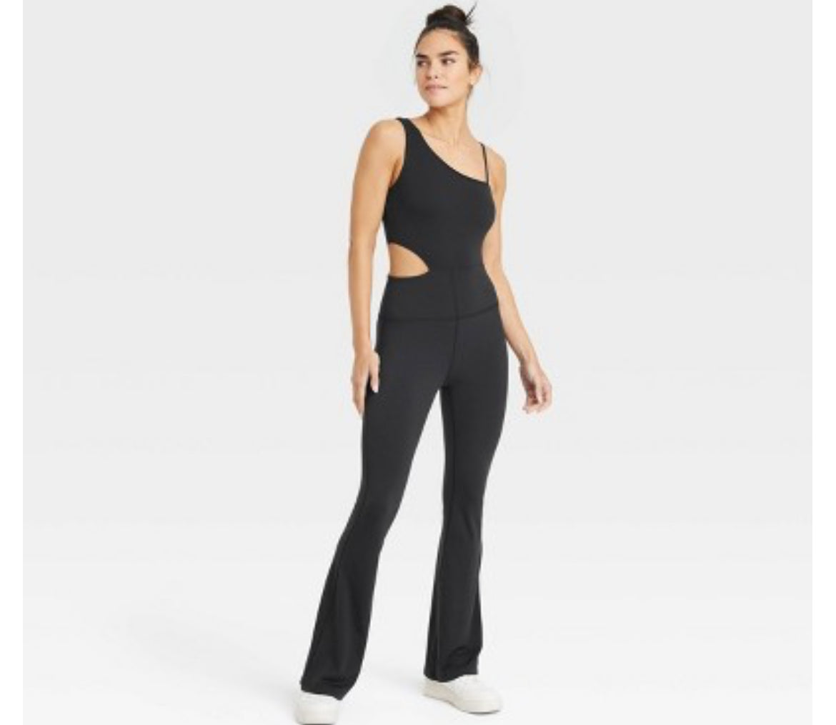 JoyLab Women's Full Length Sleeveless Flare Bodysuit Cutout Jumpsuit