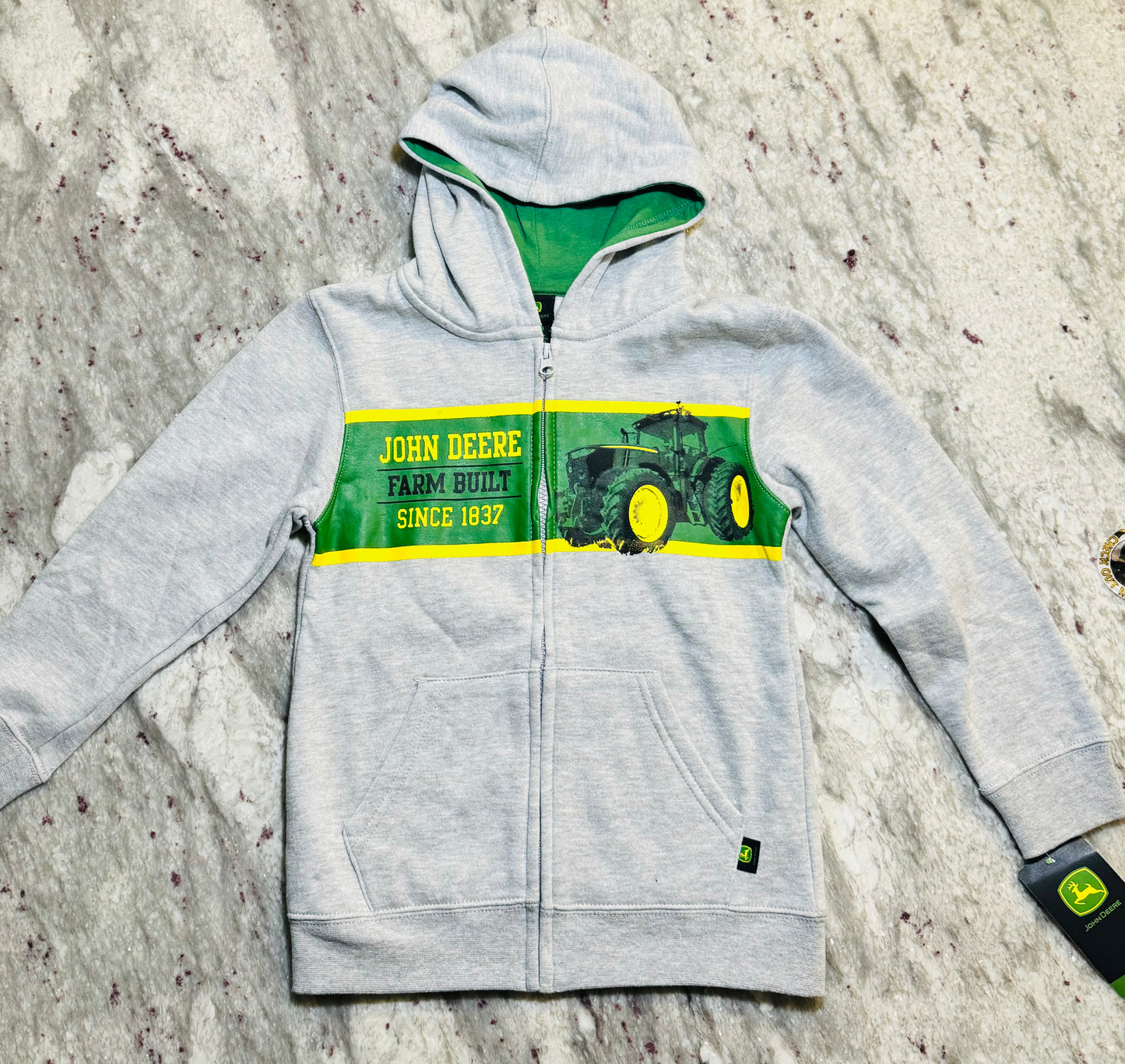 Boys John Deere Zip Up Fleece Hooded Sweatshirt - Gray