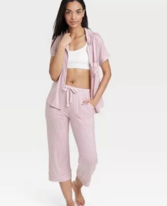 Women's Beautifully Soft Short Sleeve Notch Collar Top and Pants Pajama Set - Stars Above™ Pink