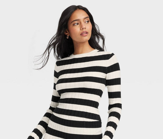 Women's Crewneck Pullover Sweater - A New Day™ Cream/Black Striped