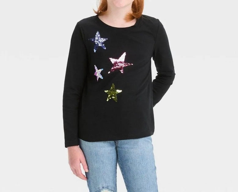 Girls' Long Sleeve 'Multi Stars' Flip Sequin T-Shirt - Black