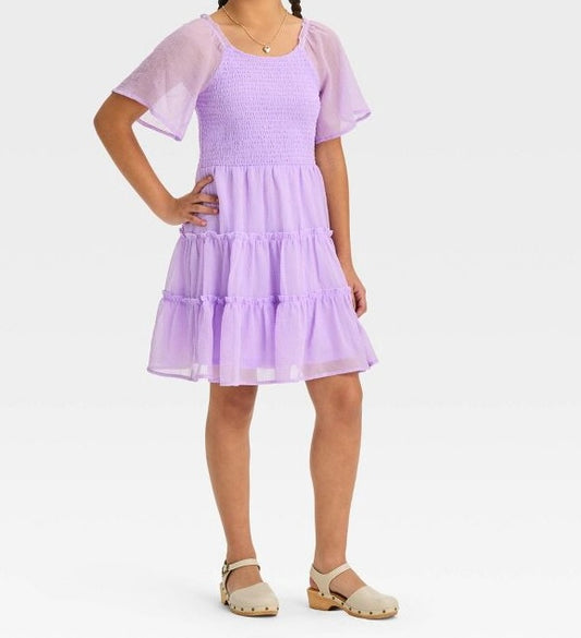 Girls' Smocked Bodice Flutter Sleeve Textured Dress - Purple