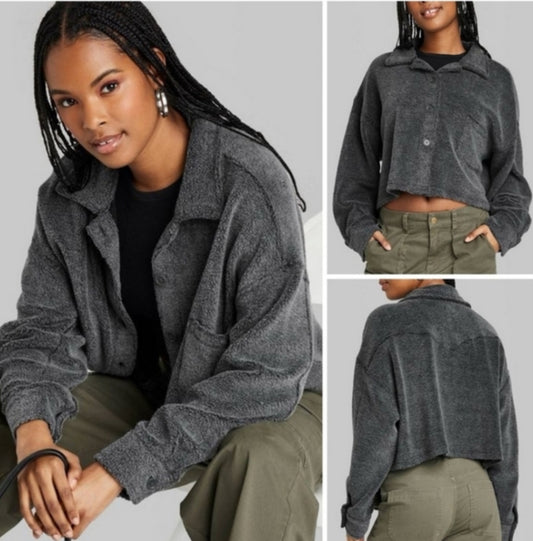 Wild Fable Fleece Cropped Shacket- Charcoal