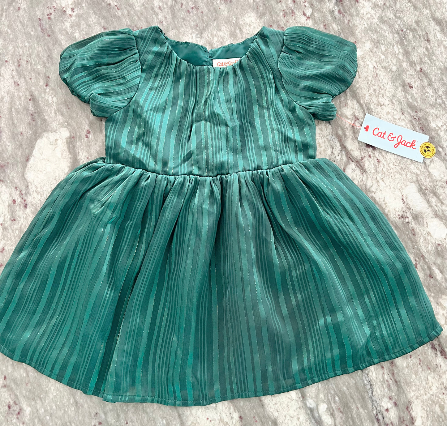 Girls' Short Sleeve Striped Dress - Forest Green