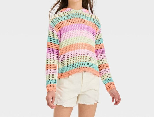 Girls' Open Knit Pullover Sweater - Multicolor