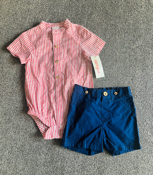 Baby Boys' Striped Henley Top & Bottom Set - Red/Navy