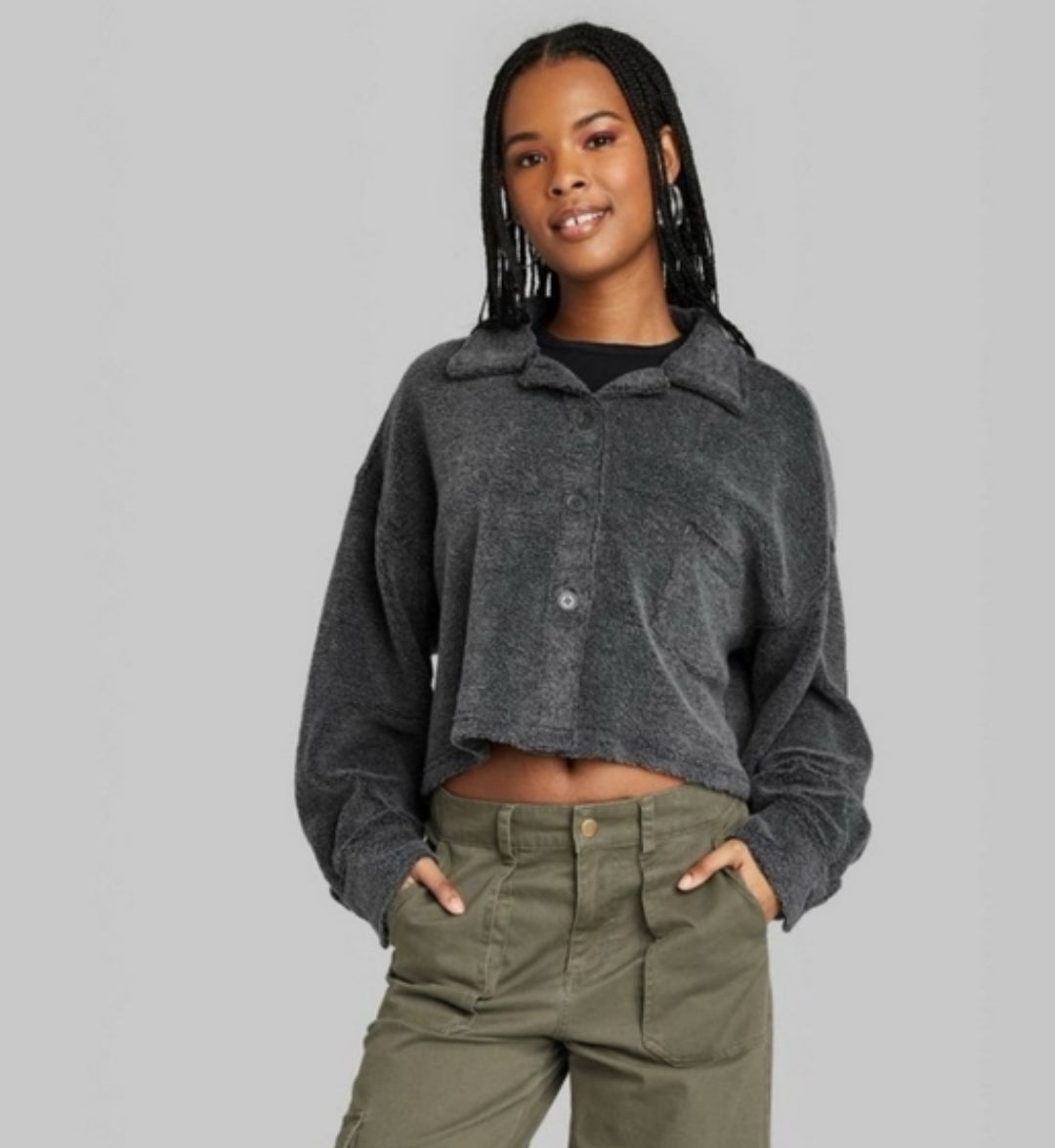 Wild Fable Fleece Cropped Shacket- Charcoal