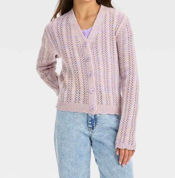 Girls' Pointelle Knit Cardigan-Purple