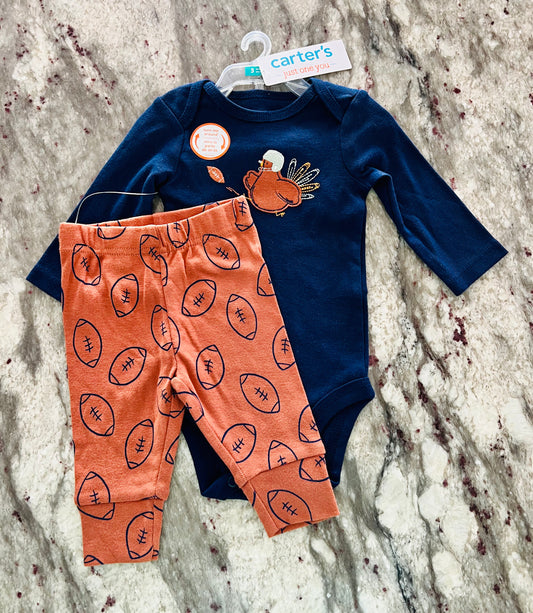 Carters Just One You Baby Boy 2-Piece Football/Turkey Bodysuit Pant Set- Navy/Brown