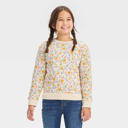 Girls' Crewneck Fleece Floral Pullover Sweatshirt - Cat & Jack™ Ivory