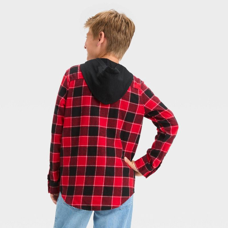 Boys' Flannel Plaid Hooded Long Sleeve Button-Down Shirt - art class Red/Black