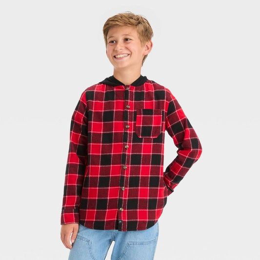 Boys' Flannel Plaid Hooded Long Sleeve Button-Down Shirt - art class Red/Black