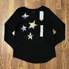 Girls' Long Sleeve 'Multi Stars' Flip Sequin T-Shirt - Black