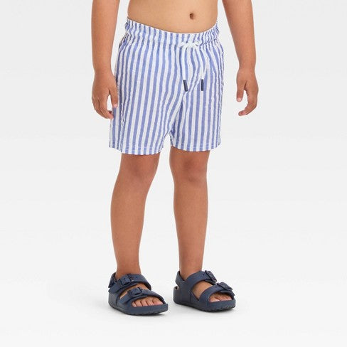 Toddler Boys' Striped Seersucker Swim Shorts - Blue