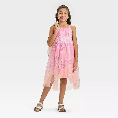 ZENZI Girls' High-Low Mesh Midi Dress Sleeveless Shirred Bodice-Pink Floral