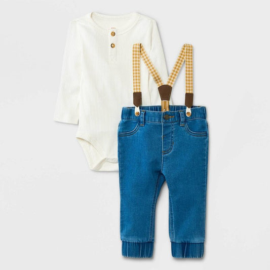 Baby Boys' Mini Man Denim Suspender Top & Bottom Set -Blue/Cream