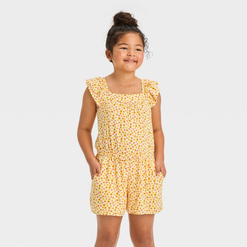 Girls' Sleeveless woven Romper -Yellow Floral