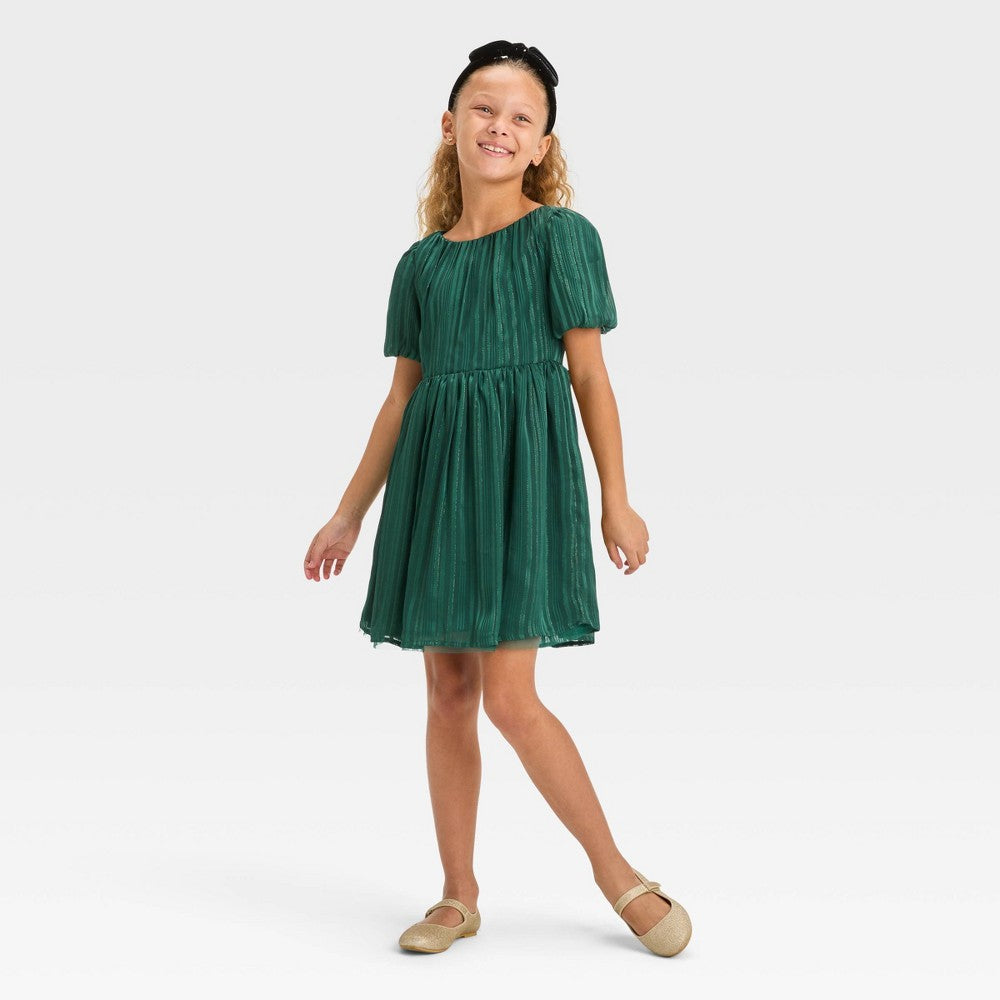 Girls' Short Sleeve Striped Dress - Forest Green